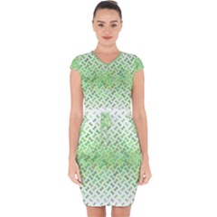 Green Pattern Curved Puzzle Capsleeve Drawstring Dress 