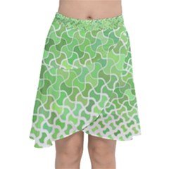 Green Pattern Curved Puzzle Chiffon Wrap Front Skirt