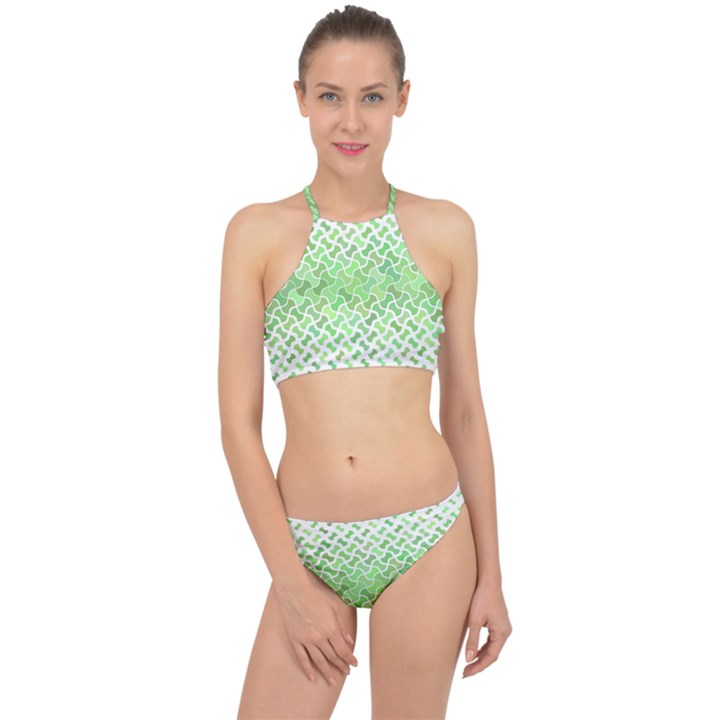 Green Pattern Curved Puzzle Racer Front Bikini Set