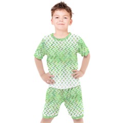 Green Pattern Curved Puzzle Kids  Tee And Shorts Set