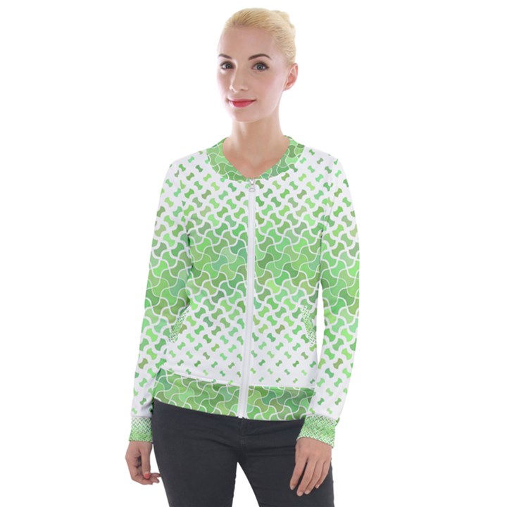 Green Pattern Curved Puzzle Velour Zip Up Jacket