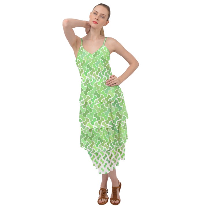 Green Pattern Curved Puzzle Layered Bottom Dress