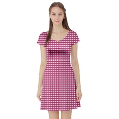 Gingham Plaid Fabric Pattern Pink Short Sleeve Skater Dress by HermanTelo