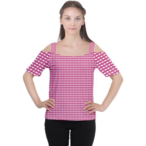 Gingham Plaid Fabric Pattern Pink Cutout Shoulder Tee by HermanTelo