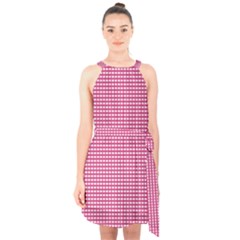 Gingham Plaid Fabric Pattern Pink Halter Collar Waist Tie Chiffon Dress by HermanTelo