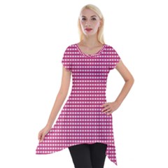 Gingham Plaid Fabric Pattern Pink Short Sleeve Side Drop Tunic