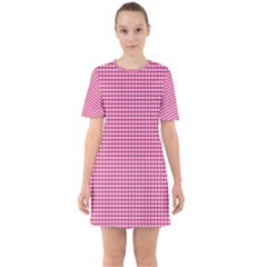 Gingham Plaid Fabric Pattern Pink Sixties Short Sleeve Mini Dress by HermanTelo