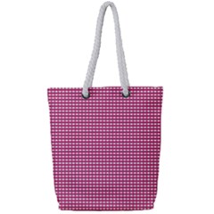 Gingham Plaid Fabric Pattern Pink Full Print Rope Handle Tote (small) by HermanTelo