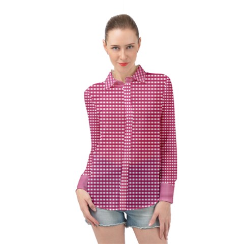 Gingham Plaid Fabric Pattern Pink Long Sleeve Chiffon Shirt by HermanTelo