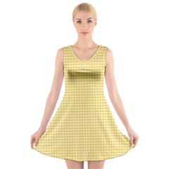 Gingham Plaid Fabric Pattern Yellow V-neck Sleeveless Dress by HermanTelo