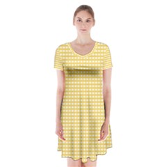 Gingham Plaid Fabric Pattern Yellow Short Sleeve V-neck Flare Dress by HermanTelo