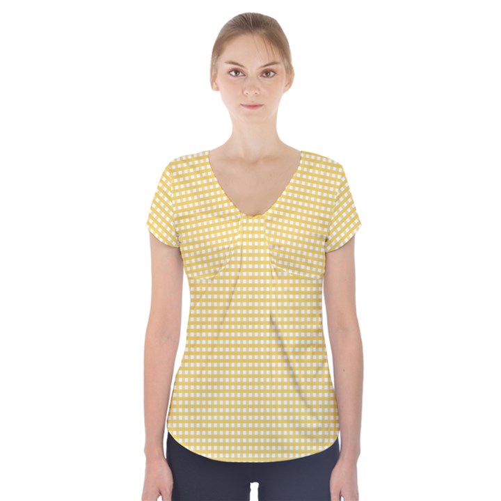 Gingham Plaid Fabric Pattern Yellow Short Sleeve Front Detail Top