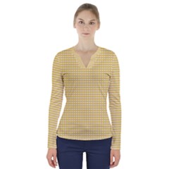 Gingham Plaid Fabric Pattern Yellow V-neck Long Sleeve Top by HermanTelo