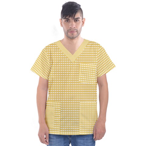 Gingham Plaid Fabric Pattern Yellow Men s V-neck Scrub Top by HermanTelo