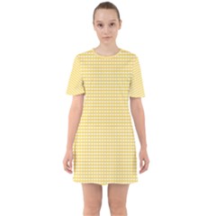 Gingham Plaid Fabric Pattern Yellow Sixties Short Sleeve Mini Dress by HermanTelo