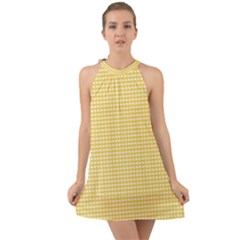 Gingham Plaid Fabric Pattern Yellow Halter Tie Back Chiffon Dress