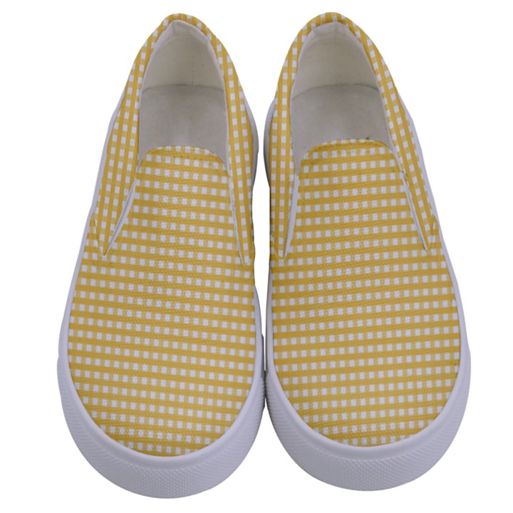 Gingham Plaid Fabric Pattern Yellow Kids  Canvas Slip Ons