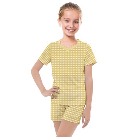 Gingham Plaid Fabric Pattern Yellow Kids  Mesh Tee And Shorts Set by HermanTelo