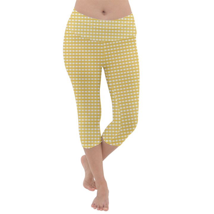 Gingham Plaid Fabric Pattern Yellow Lightweight Velour Capri Yoga Leggings