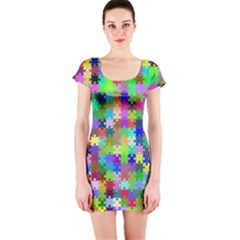 Jigsaw Puzzle Background Chromatic Short Sleeve Bodycon Dress