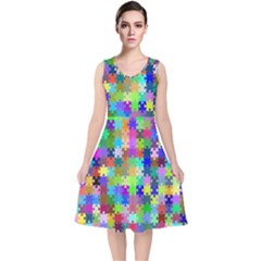 Jigsaw Puzzle Background Chromatic V-neck Midi Sleeveless Dress 