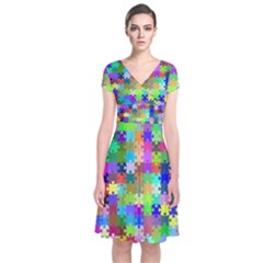 Jigsaw Puzzle Background Chromatic Short Sleeve Front Wrap Dress