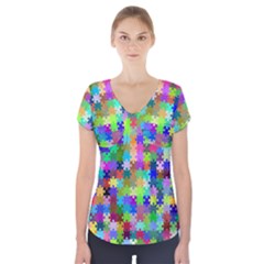 Jigsaw Puzzle Background Chromatic Short Sleeve Front Detail Top