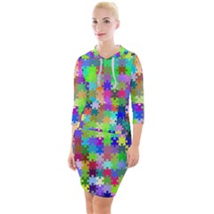 Jigsaw Puzzle Background Chromatic Quarter Sleeve Hood Bodycon Dress