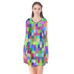 Jigsaw Puzzle Background Chromatic Long Sleeve V-neck Flare Dress by HermanTelo