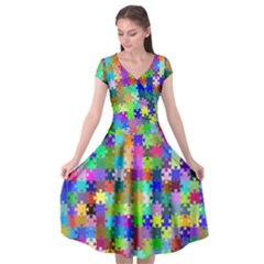 Jigsaw Puzzle Background Chromatic Cap Sleeve Wrap Front Dress