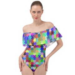 Jigsaw Puzzle Background Chromatic Off Shoulder Velour Bodysuit  by HermanTelo