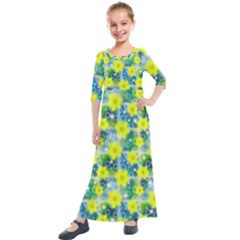 Narcissus Yellow Flowers Winter Kids  Quarter Sleeve Maxi Dress by HermanTelo