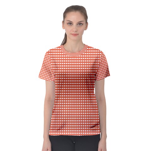 Gingham Plaid Fabric Pattern Red Women s Sport Mesh Tee by HermanTelo