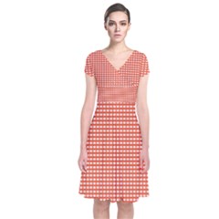 Gingham Plaid Fabric Pattern Red Short Sleeve Front Wrap Dress