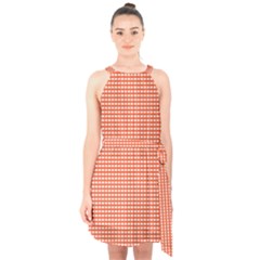 Gingham Plaid Fabric Pattern Red Halter Collar Waist Tie Chiffon Dress by HermanTelo