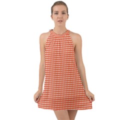 Gingham Plaid Fabric Pattern Red Halter Tie Back Chiffon Dress by HermanTelo