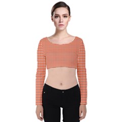 Gingham Plaid Fabric Pattern Red Velvet Long Sleeve Crop Top by HermanTelo