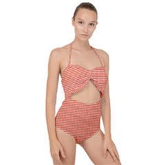 Gingham Plaid Fabric Pattern Red Scallop Top Cut Out Swimsuit by HermanTelo