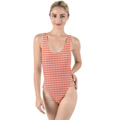 Gingham Plaid Fabric Pattern Red High Leg Strappy Swimsuit by HermanTelo