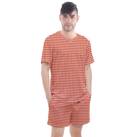 Gingham Plaid Fabric Pattern Red Men s Mesh Tee And Shorts Set by HermanTelo