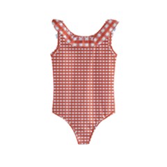 Gingham Plaid Fabric Pattern Red Kids  Frill Swimsuit by HermanTelo