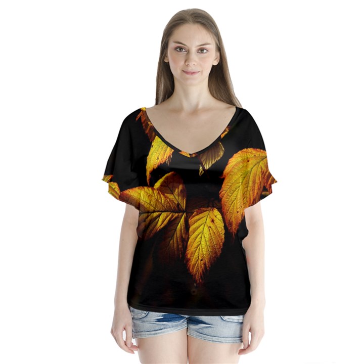 Nature Yellow Plant Leaves V-Neck Flutter Sleeve Top