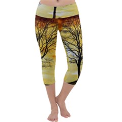 Branches Dawn Dusk Fall Capri Yoga Leggings by Pakrebo