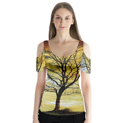 Branches Dawn Dusk Fall Butterfly Sleeve Cutout Tee  by Pakrebo