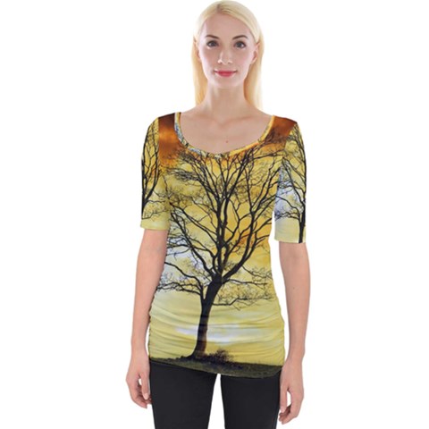 Branches Dawn Dusk Fall Wide Neckline Tee by Pakrebo