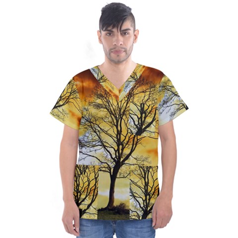 Branches Dawn Dusk Fall Men s V-neck Scrub Top by Pakrebo