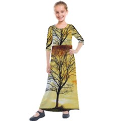 Branches Dawn Dusk Fall Kids  Quarter Sleeve Maxi Dress by Pakrebo