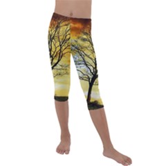 Branches Dawn Dusk Fall Kids  Lightweight Velour Capri Leggings  by Pakrebo