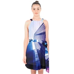 Abstract Architectural Design Architecture Building Halter Collar Waist Tie Chiffon Dress by Pakrebo