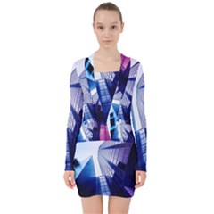 Abstract Architectural Design Architecture Building V-neck Bodycon Long Sleeve Dress by Pakrebo